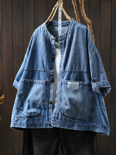 Women Summer Retro Pure Color Stand Collar Denim Shirt