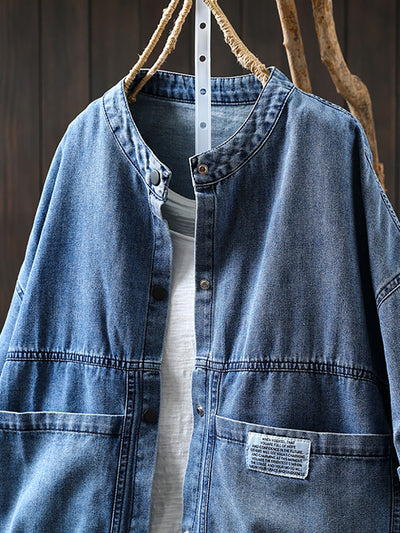 Women Summer Retro Pure Color Stand Collar Denim Shirt