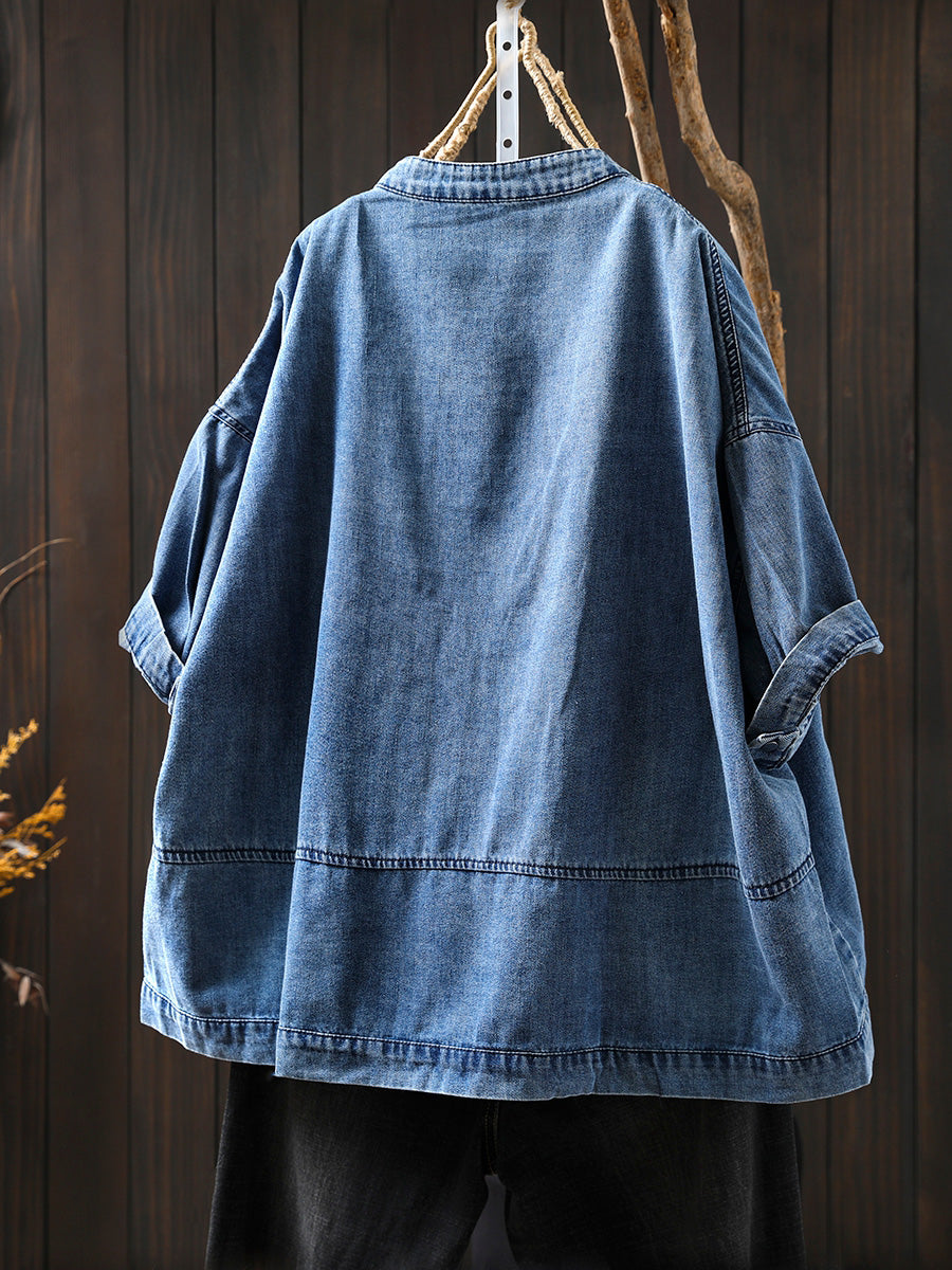 Women Summer Retro Pure Color Stand Collar Denim Shirt