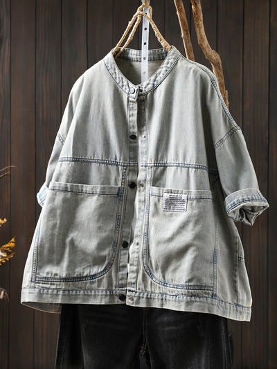 Women Summer Retro Pure Color Stand Collar Denim Shirt