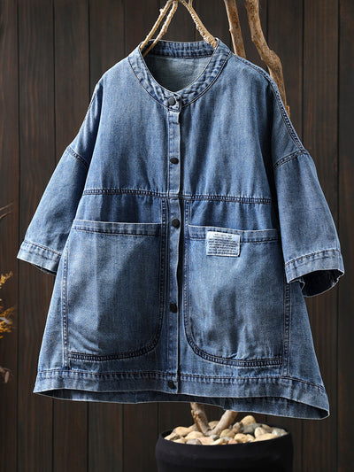 Women Summer Retro Pure Color Stand Collar Denim Shirt