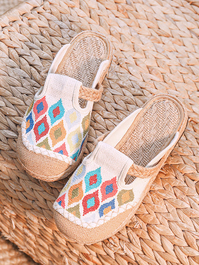 Women Ethnic Colorblock Cotton Linen Flat Slippers
