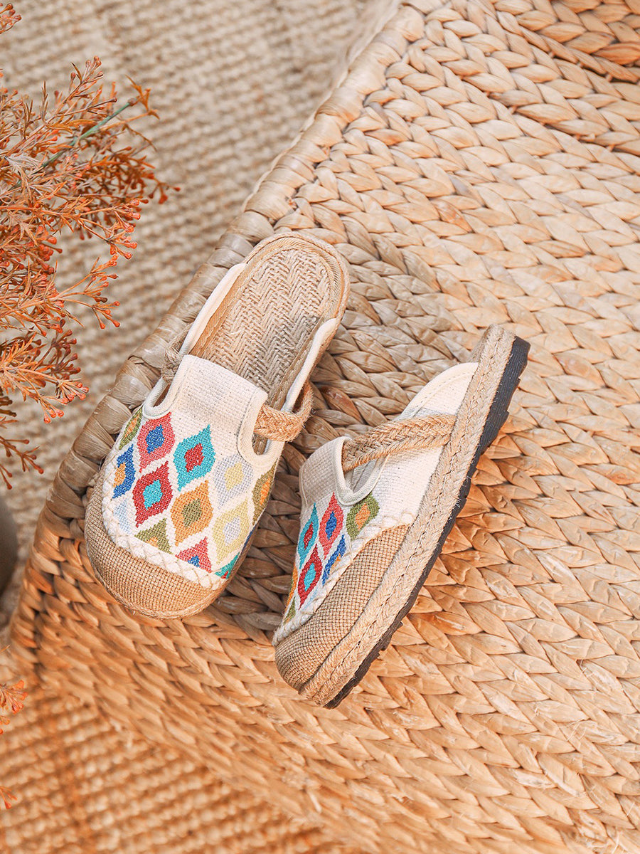 Women Ethnic Colorblock Cotton Linen Flat Slippers