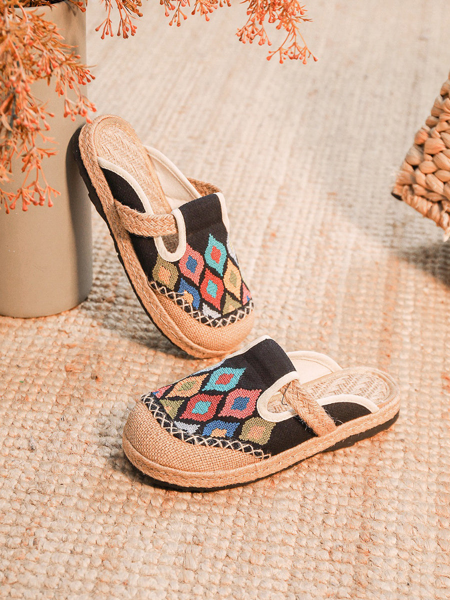 Women Ethnic Colorblock Cotton Linen Flat Slippers