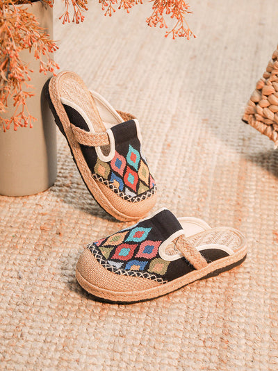 Women Ethnic Colorblock Cotton Linen Flat Slippers