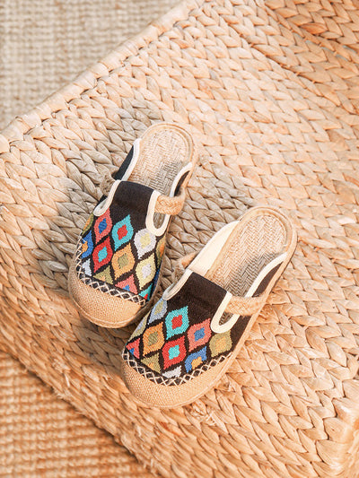 Women Ethnic Colorblock Cotton Linen Flat Slippers
