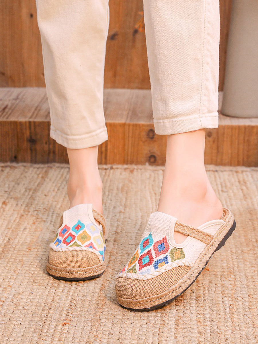 Women Ethnic Colorblock Cotton Linen Flat Slippers
