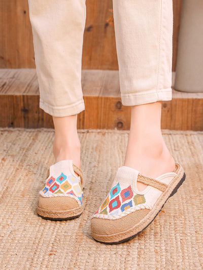 Women Ethnic Colorblock Cotton Linen Flat Slippers