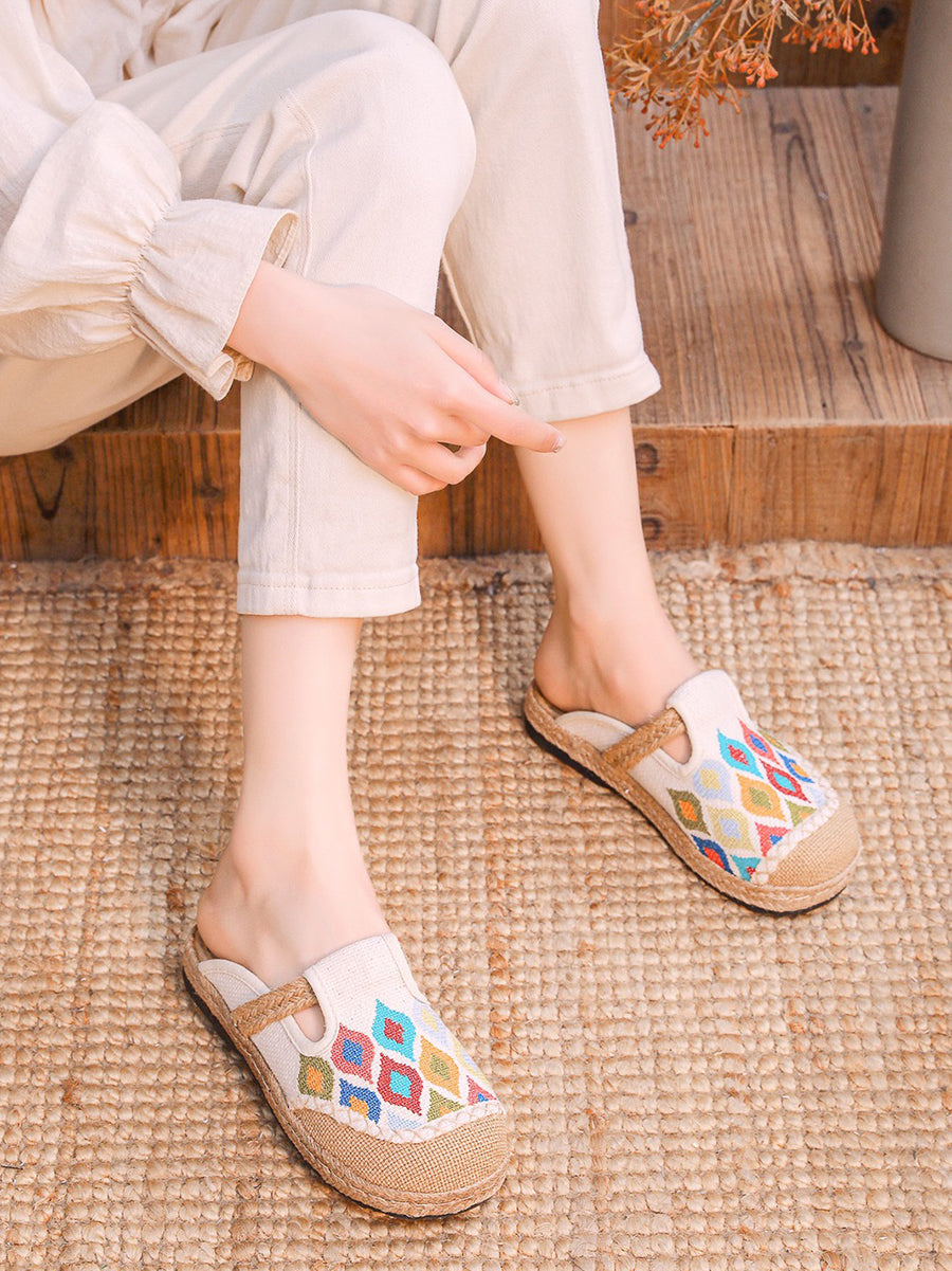 Women Ethnic Colorblock Cotton Linen Flat Slippers