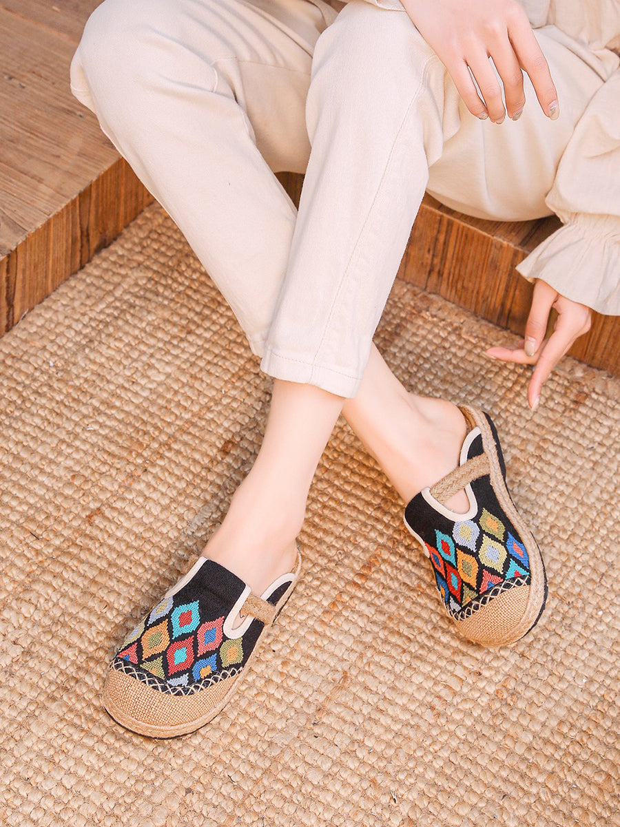 Women Ethnic Colorblock Cotton Linen Flat Slippers