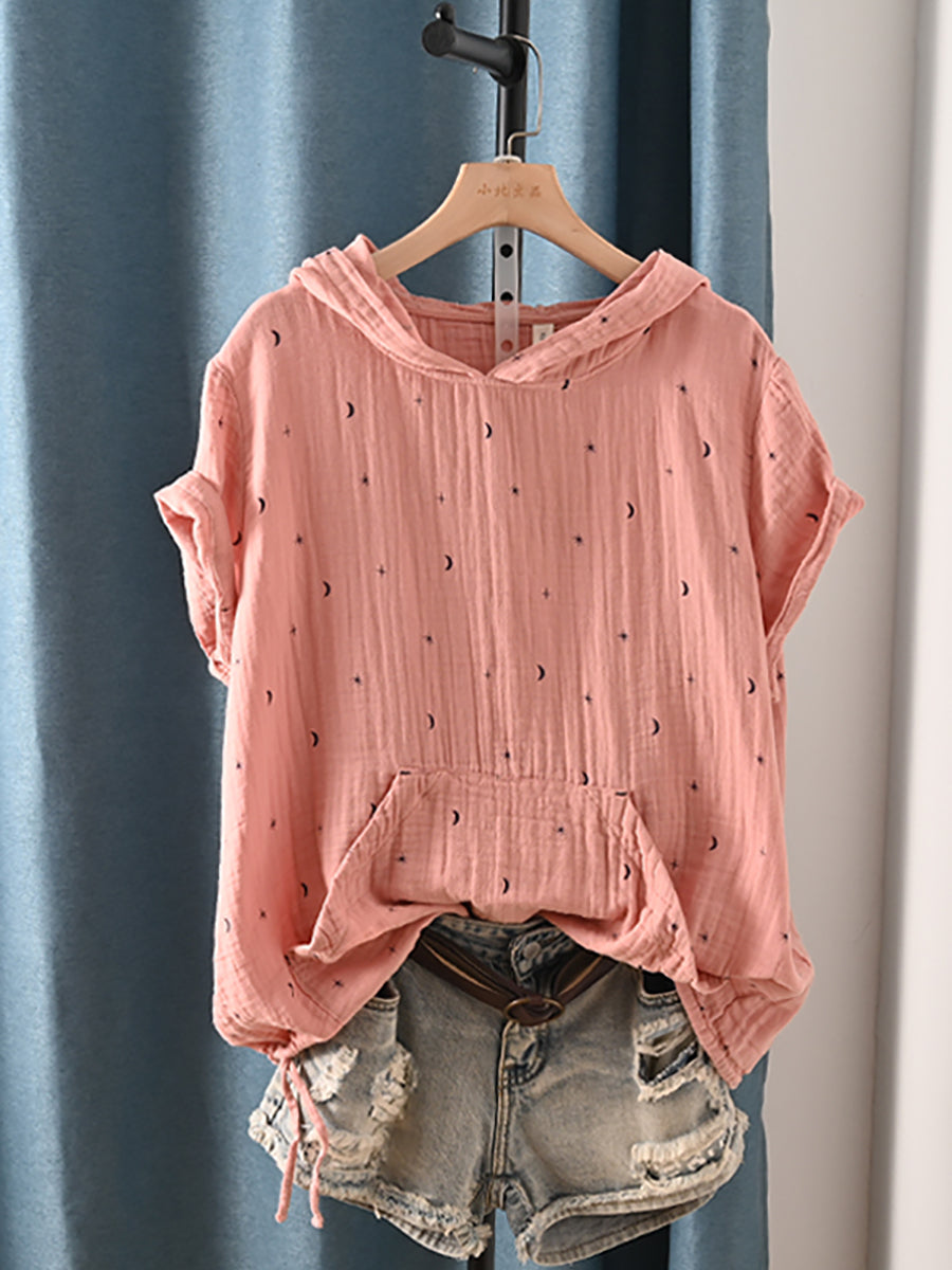 Plus Size Women Summer Casual Print Hooded 100%Cotton Shirt