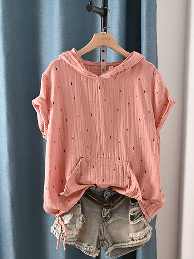 Plus Size Women Summer Casual Print Hooded 100%Cotton Shirt