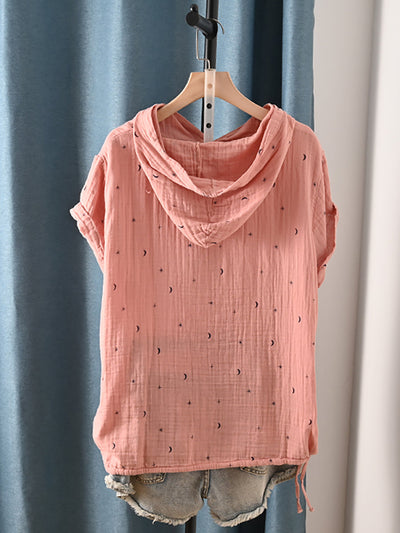 Plus Size Women Summer Casual Print Hooded 100%Cotton Shirt