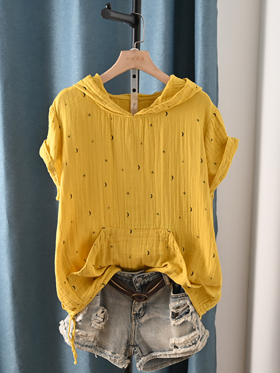 Plus Size Women Summer Casual Print Hooded 100%Cotton Shirt