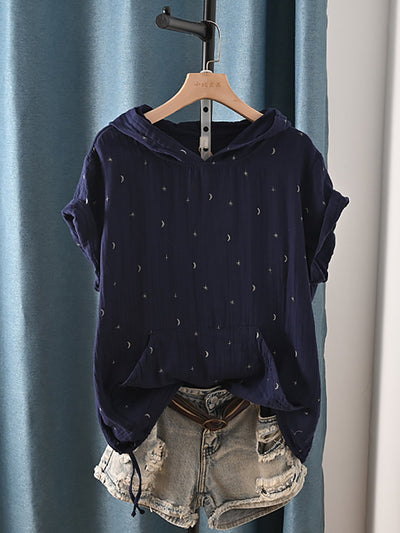 Plus Size Women Summer Casual Print Hooded 100%Cotton Shirt