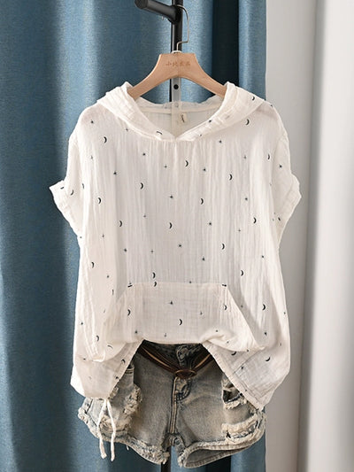 Plus Size Women Summer Casual Print Hooded 100%Cotton Shirt