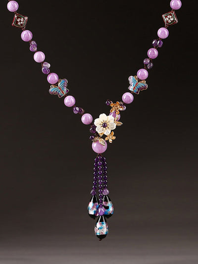 Women Vintage Purple Bead Flower Tassel Long Necklace