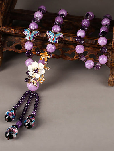 Women Vintage Purple Bead Flower Tassel Long Necklace