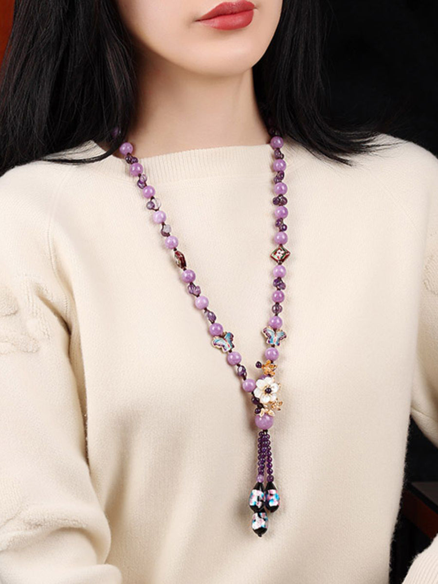 Women Vintage Purple Bead Flower Tassel Long Necklace