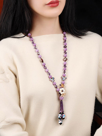 Women Vintage Purple Bead Flower Tassel Long Necklace