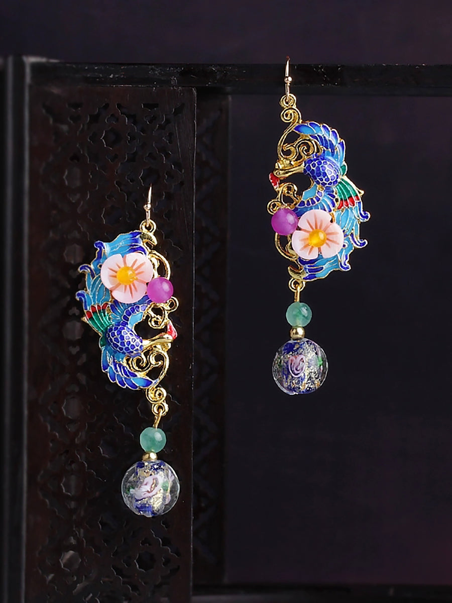 Women Vintage Cloisonne Phenix S925Sliver Earrings