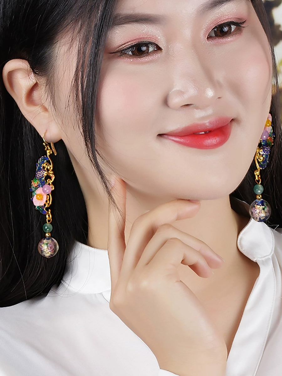 Women Vintage Cloisonne Phenix S925Sliver Earrings