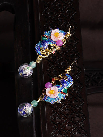 Women Vintage Cloisonne Phenix S925Sliver Earrings