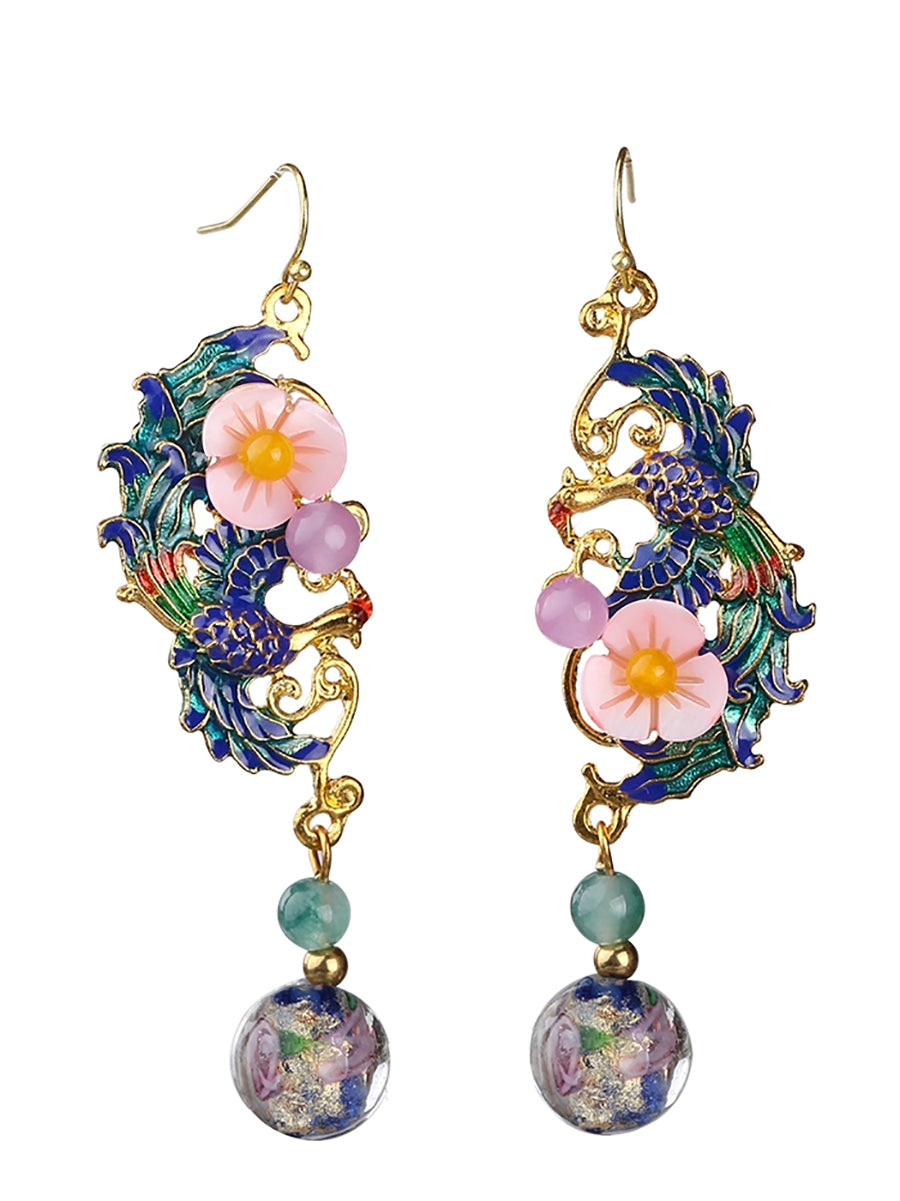 Women Vintage Cloisonne Phenix S925Sliver Earrings