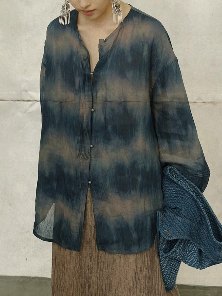 Plus Size Women Summer Artsy Tie-dye O-Neck 100%Ramie Shirt