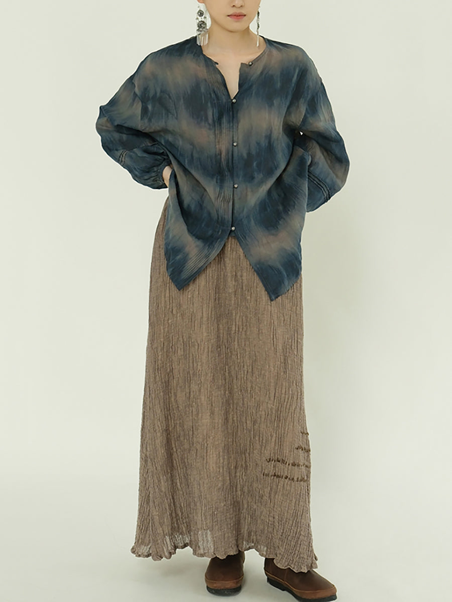 Plus Size Women Summer Artsy Tie-dye O-Neck 100%Ramie Shirt