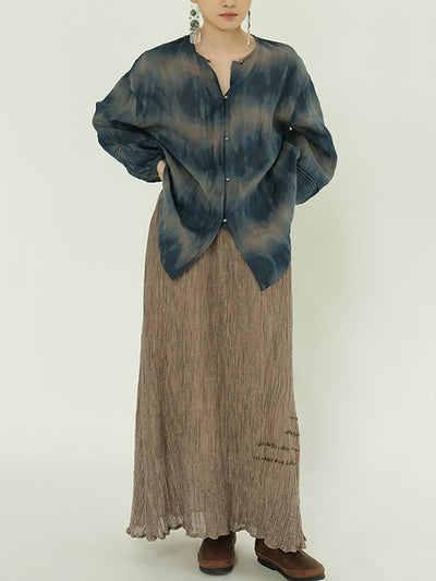 Plus Size Women Summer Artsy Tie-dye O-Neck 100%Ramie Shirt