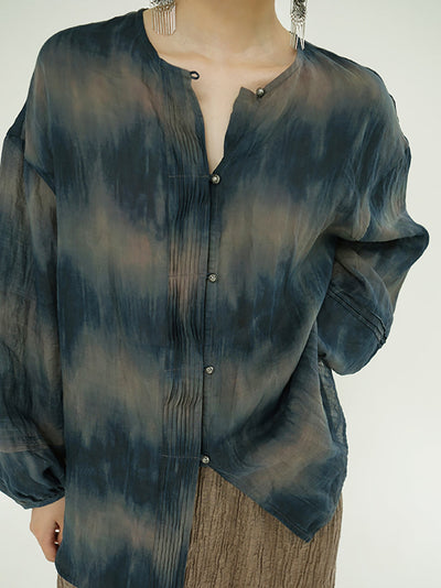 Plus Size Women Summer Artsy Tie-dye O-Neck 100%Ramie Shirt