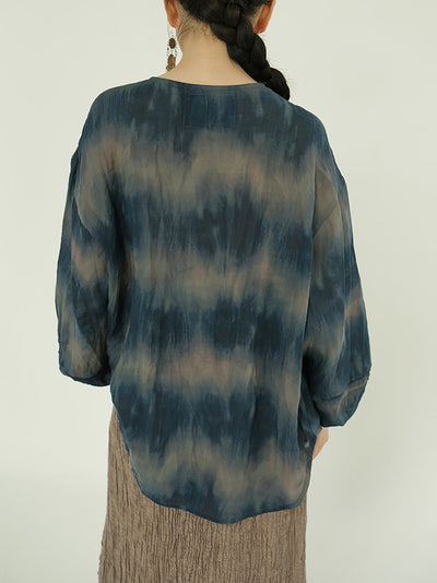 Plus Size Women Summer Artsy Tie-dye O-Neck 100%Ramie Shirt