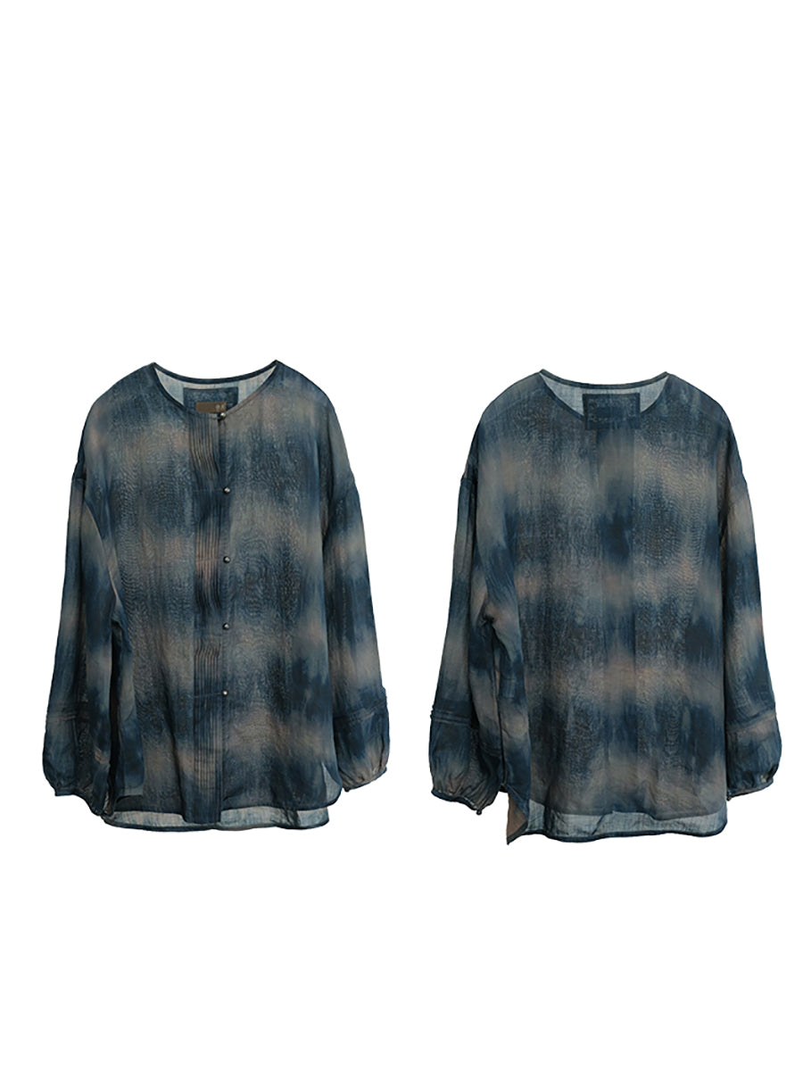 Plus Size Women Summer Artsy Tie-dye O-Neck 100%Ramie Shirt