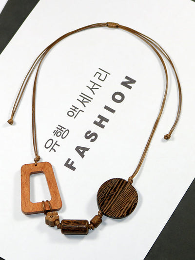 Women Artsy Wooden Straw Geometric Pendent Necklace