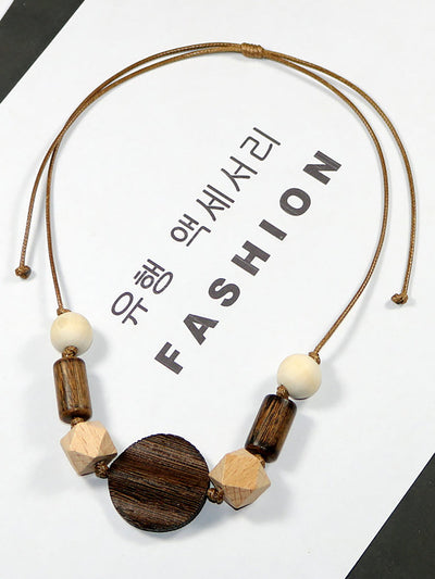 Women Artsy Wooden Straw Geometric Pendent Necklace