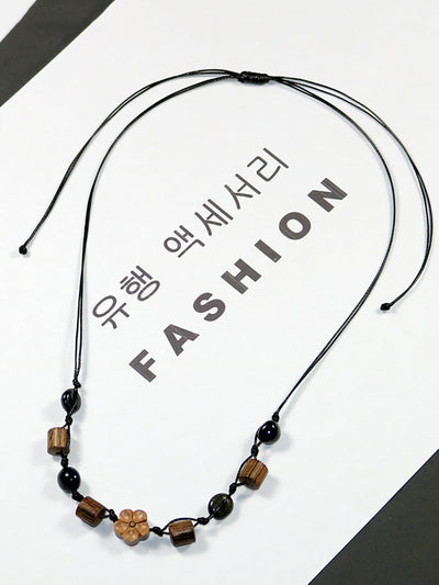 Women Artsy Wooden Straw Geometric Pendent Necklace