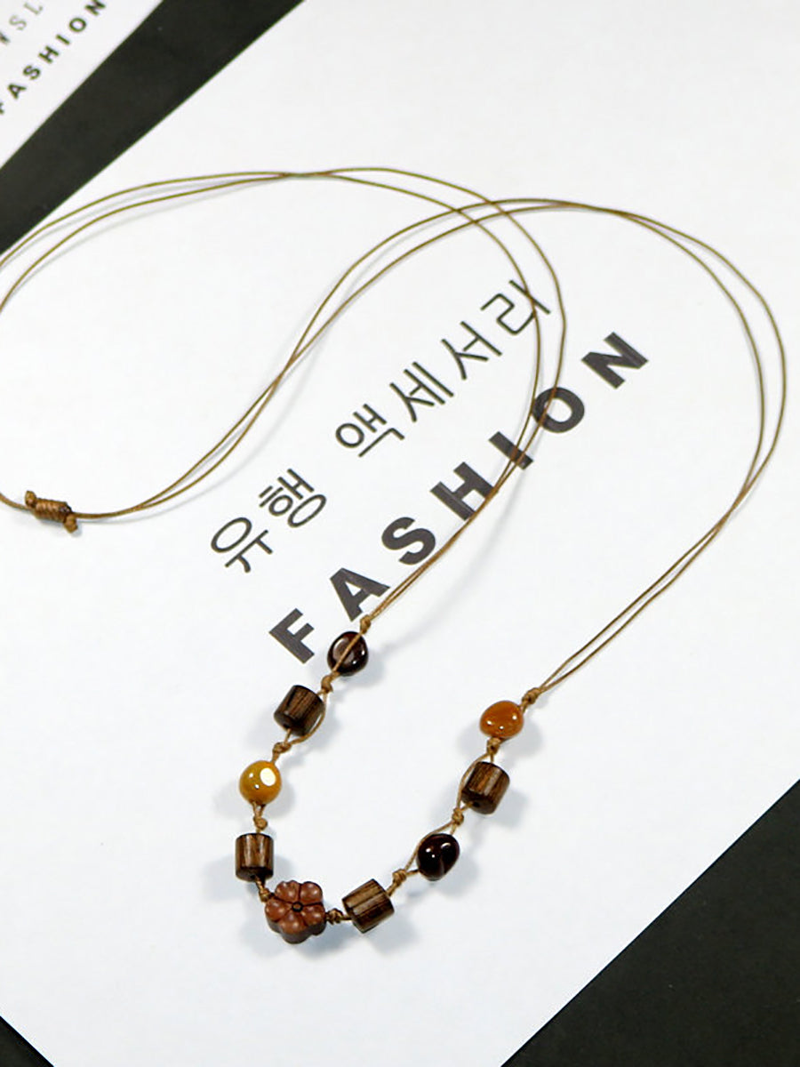 Women Artsy Wooden Straw Geometric Pendent Necklace