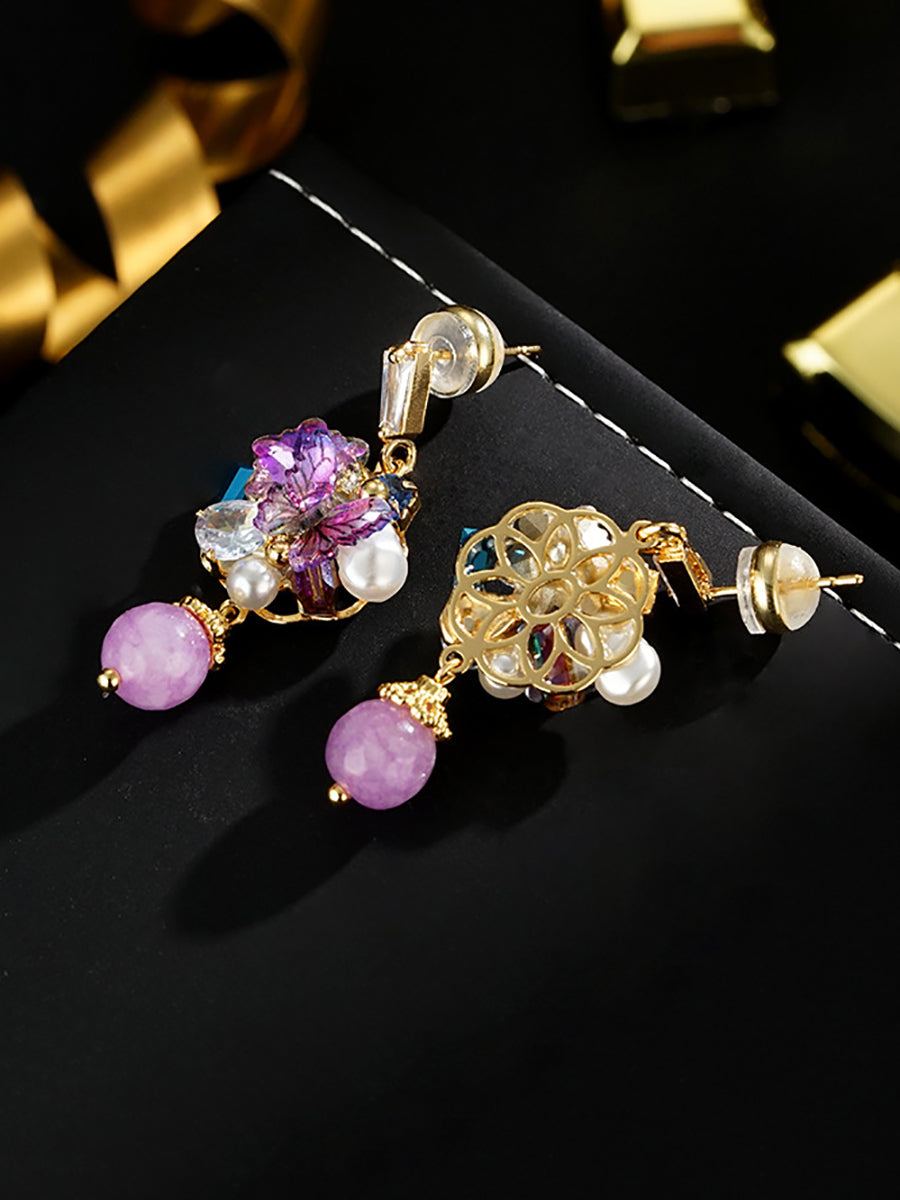 Women Artsy Butterfly Bead Pearl Copper Earrings