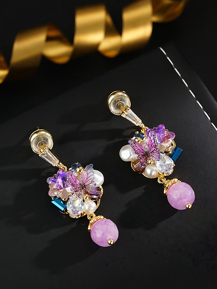 Women Artsy Butterfly Bead Pearl Copper Earrings