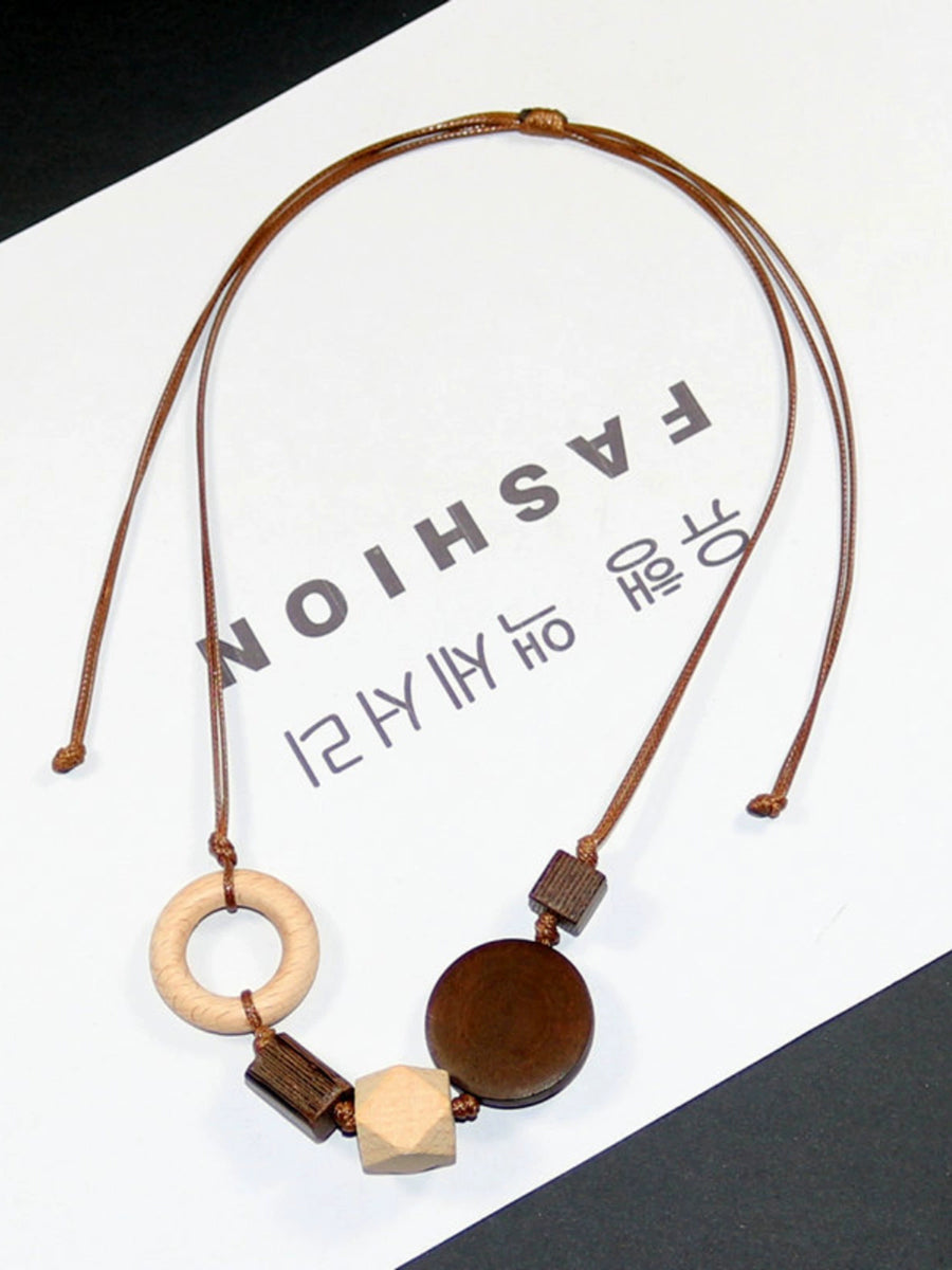 Women Artsy Wooden Straw Geometric Pendent Necklace