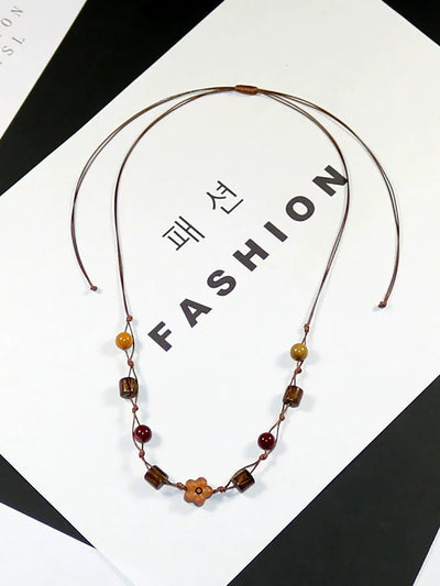 Women Artsy Wooden Straw Geometric Pendent Necklace