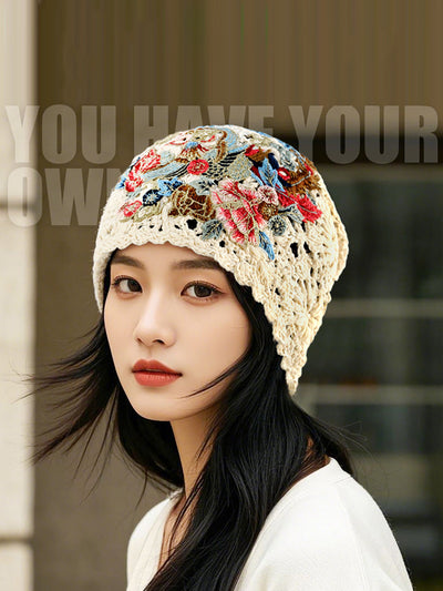 Women Ethnic Flower Embroidery Weave Hat
