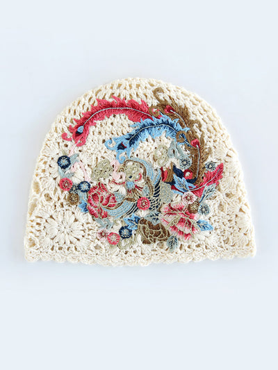 Women Ethnic Flower Embroidery Weave Hat