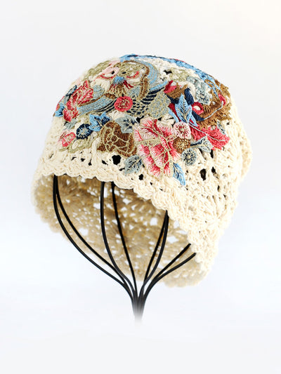 Women Ethnic Flower Embroidery Weave Hat