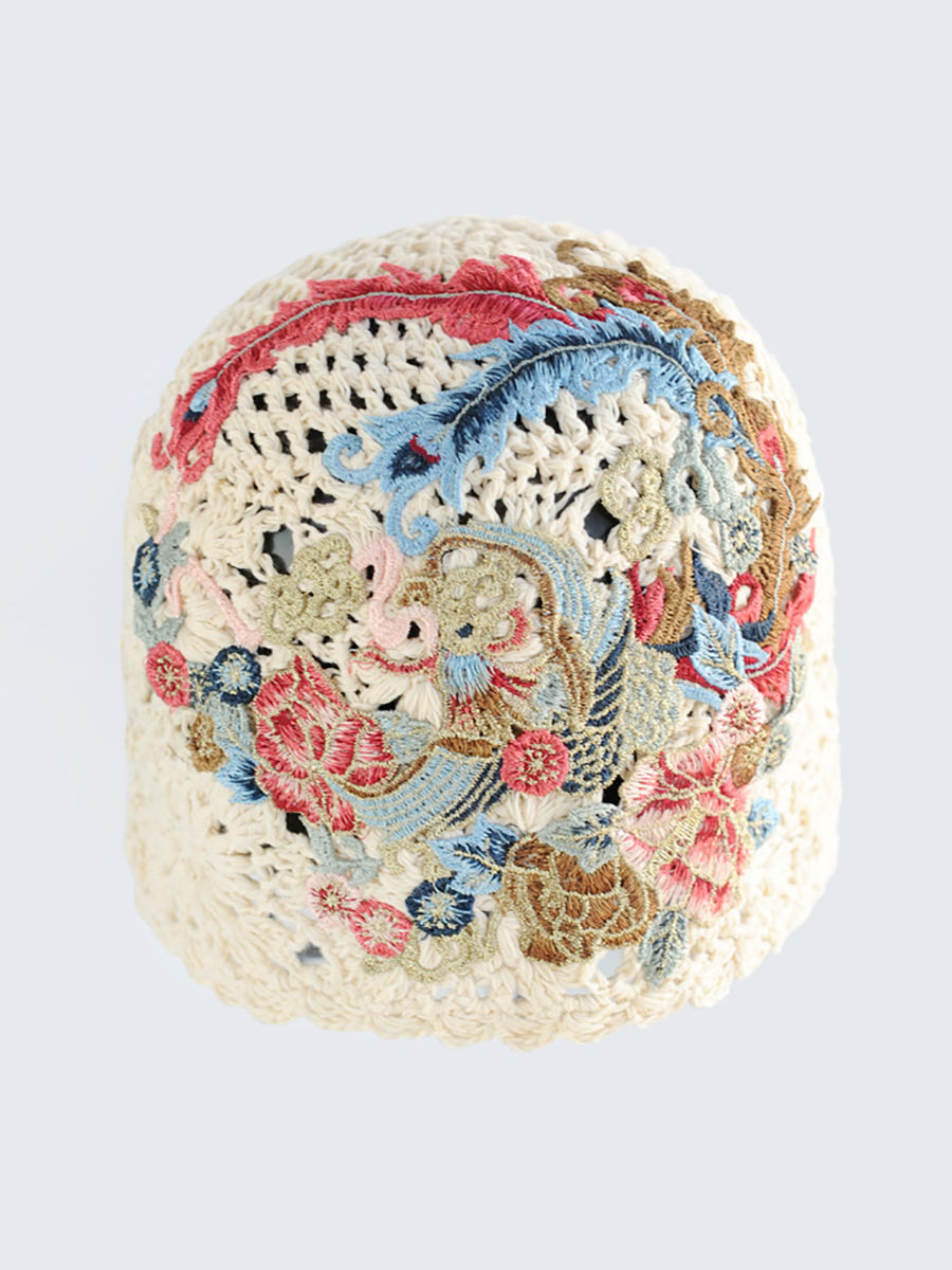 Women Ethnic Flower Embroidery Weave Hat