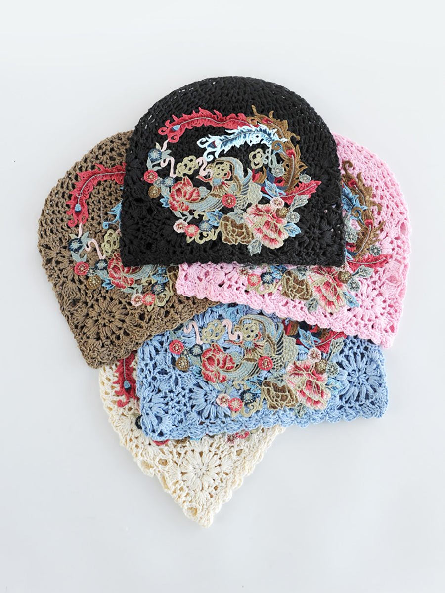 Women Ethnic Flower Embroidery Weave Hat