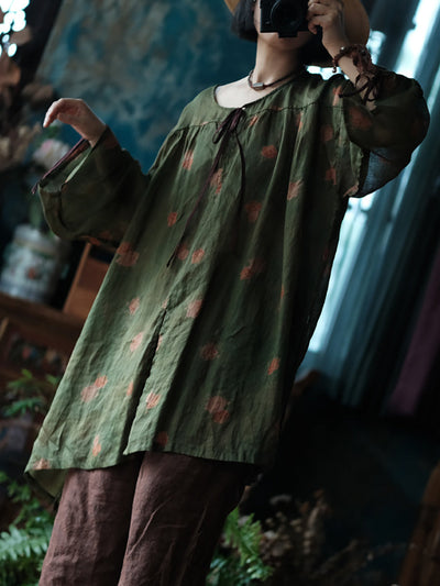 Women Summer Retro Flower O-Neck Ramie Loose Shirt