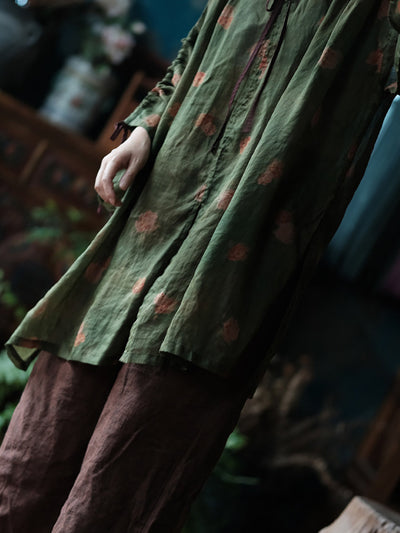 Women Summer Retro Flower O-Neck Ramie Loose Shirt