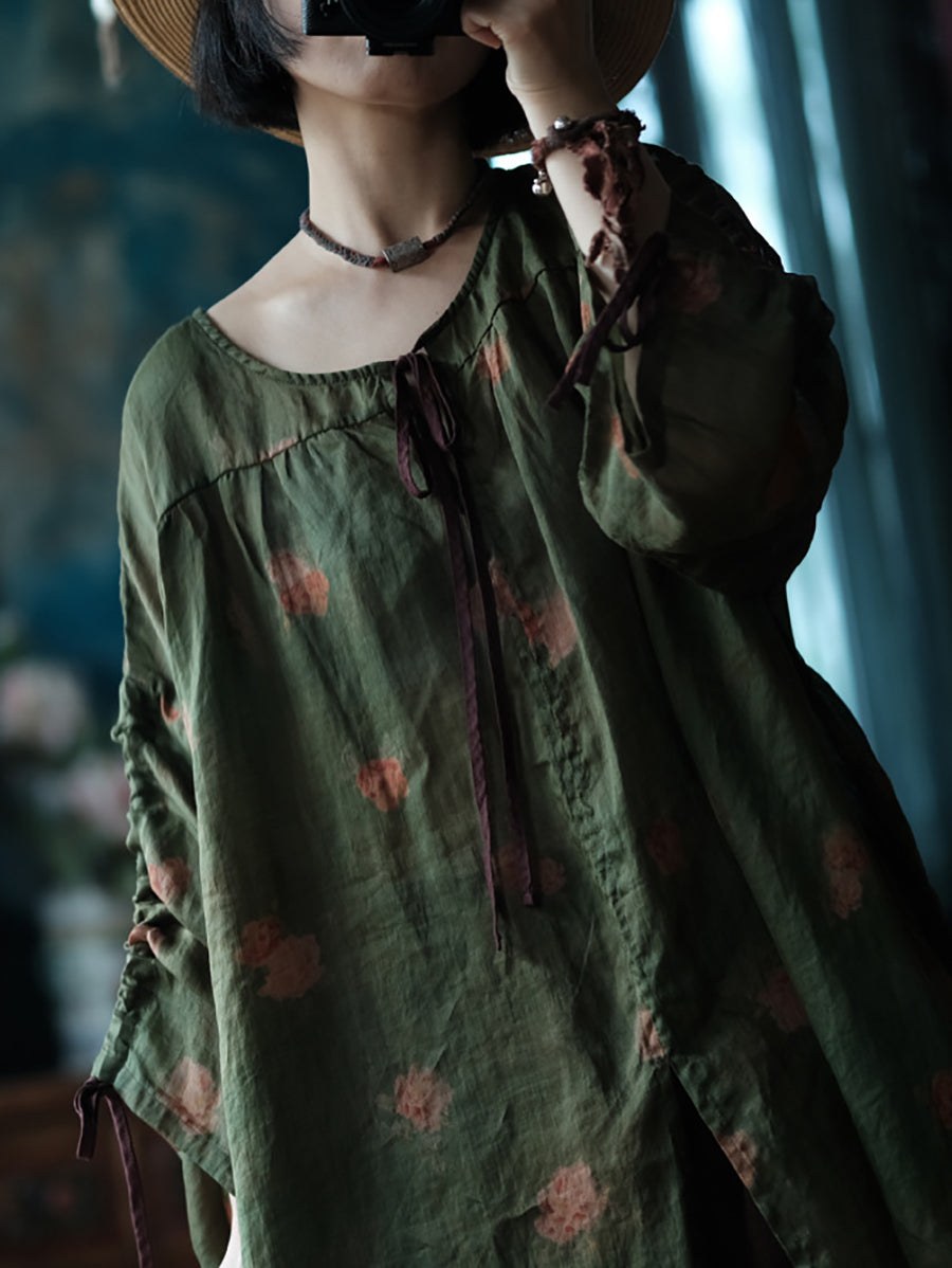Women Summer Retro Flower O-Neck Ramie Loose Shirt